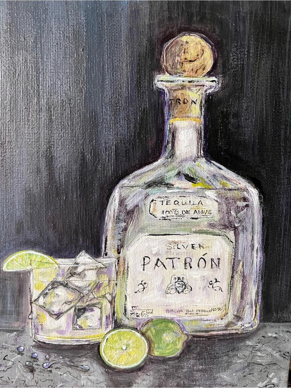 Original acrylic painting of tequila and lime on the rocks.